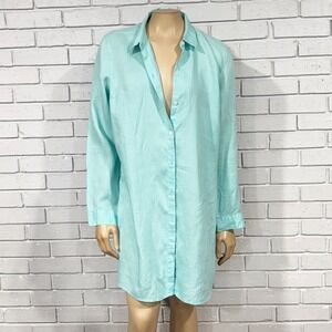 J. Jill Love Linen Aqua Mint Green Button Down Tunic Shirt